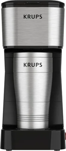KRUPS: Simply Brew - Cafetera de 2 tazas, cafetera de goteo de una sola porción de acero inoxidable y vaso de viaje, vaso de acero inoxidable de 14