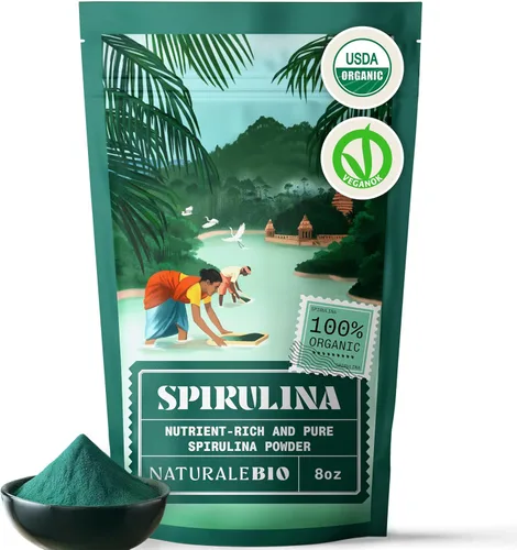 NaturaleBio Polvo de espirulina orgánico 8 oz. Algas espirulina natural y cruda. Vegano y puro. Cultivado en la India en Tamil Nadu. Ideal para