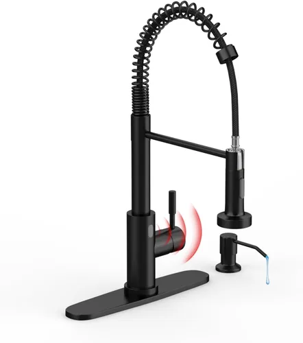 Grifo de cocina sin contacto, negro, con dispensador de jabón y placa de cubierta, sensor de movimiento activado inteligente, grifos de fregadero de