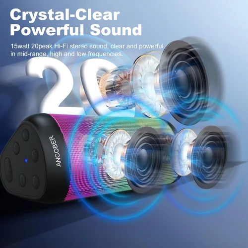 Miniatura 2 de Altavoz Bluetooth portátil, potente sonido estéreo HD, IPX4 impermeable, hasta 36 horas de reproducción, 8 modos de luz LED fría, emparejamiento
