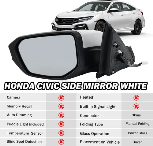 Miniatura 2 de Espejo lateral del conductor compatible con Honda Civic Coupe Sedan Hatchback 2016, 2017, 2018, 2019, 2020, 2021, espejo con cristal eléctrico, sin