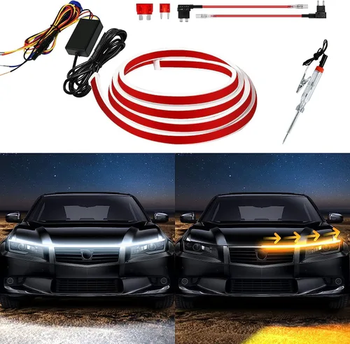 Miniatura 11 de Tira de luz LED para capó exterior del coche, kit de haz de arranque de escaneo dinámico de doble color, luces de circulación diurna LED blancas