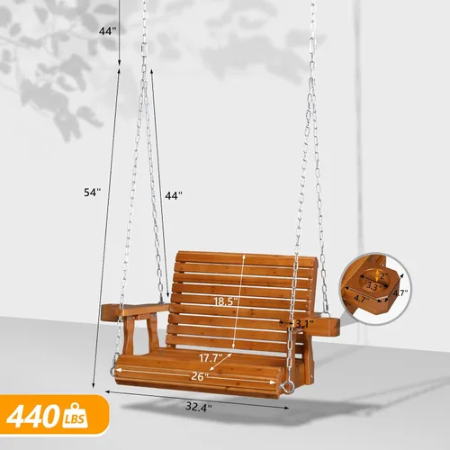 Miniatura 4 de VINGLI Columpio de madera resistente para porche de patio para 1 persona de 440 libras con asiento más profundo y respaldo más alto y portavasos