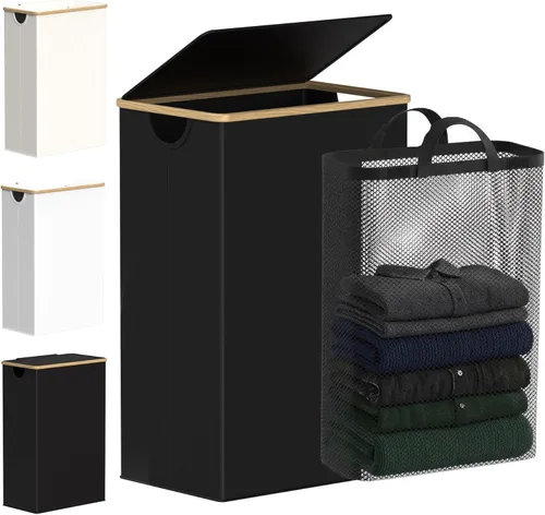 Miniatura 33 de efluky Cesta de lavandería con tapa y bolsa extraíble, cesta de lavandería de 100 litros de alto con asas de bambú, papelera estética para ropa Gris