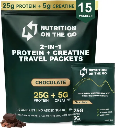 Nutrition On The Go - Paquetes de proteína de suero aislada con creatina – 25g de proteína + 5g de creatina – Polvo de proteína de viaje de porción