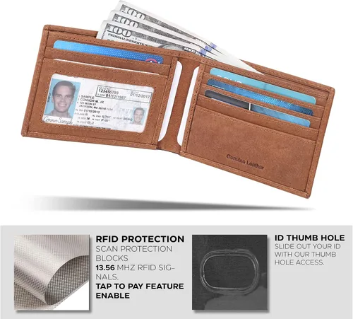 Miniatura 9 de Cartera delgada de cuero para hombre, bloqueo RFID, bolsillo frontal minimalista, delgada y elegante con ventana de identificación, regalo