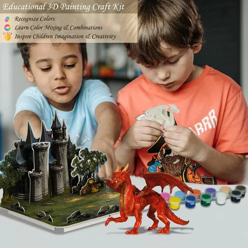Miniatura 4 de Juego de manualidades para niños, kit de pintura de juguetes de dragón con 3 figuras de dragones y castillo de rompecabezas 3D, el mejor regalo