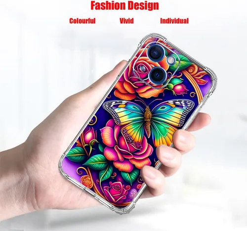 Miniatura 3 de Funda para iPhone 15, colorida mariposa flores protección contra caídas a prueba de golpes TPU cuerpo completo protector resistente a los arañazos
