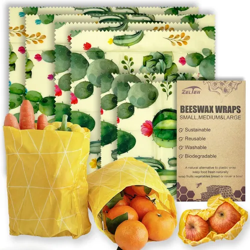 Miniatura 8 de Zelten Envolturas reutilizables de cera de abejas (3 paquetes, 3 tamaños S, M, L) sin plástico y silicona, envoltura ecológica, papel de cera