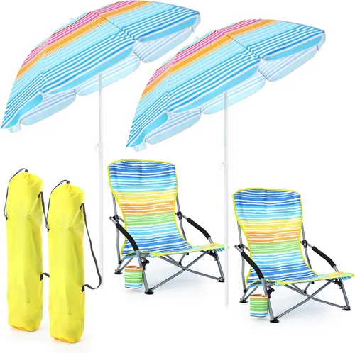 Miniatura 13 de Huwena Paquete de 2 sillas de playa con paraguas para adultos, juego de sillas plegables bajas, paraguas desmontable ajustable, ligero portátil