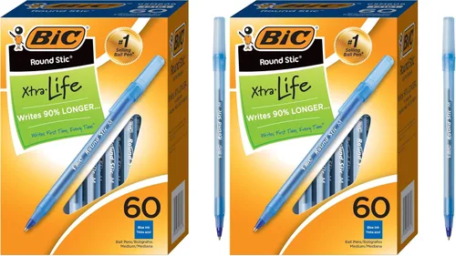 BIC Round Stic Xtra Life - Bolígrafo con punta media de 0.039 pulgadas y flujo de tinta consistente en tinta azul, 60 unidades (paquete de 2)