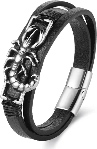 BIYONGDE Pulsera de acero inoxidable para hombre, estilo vintage, con dije de escorpión, de tres hebras, de cuero negro, estilo Biker Punk Rock,