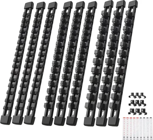 Reniteco Organizador de Enchufes ABS para Herramientas - Porta Enchufes Negro de Calidad Premium, Kit de 9 Piezas con 1/4 Pulgadas x 48 Clips, 3/8