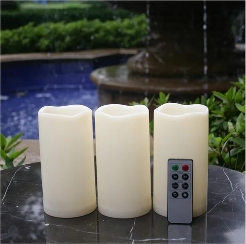 Miniatura 10 de 3"X3" Paquete de 4 Velas LED para Exteriores Operadas a Pilas, Velas de Pilar sin Llama Impermeables con Temporizador, Luces LED Parpadeantes