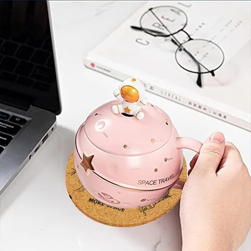 Miniatura 3 de Yalucky Taza Kawaii de astronauta con diseño de planeta en relieve del espacio, bonita taza de café de cerámica, taza novedosa con tapa y cuchara