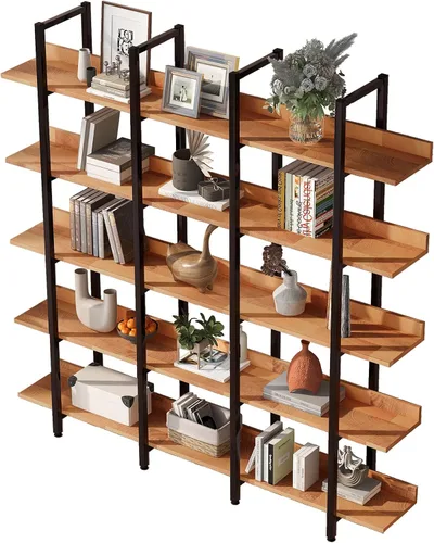 Miniatura 5 de YISUYA Estantería alta de madera de 5 niveles para dormitorio, estantería industrial moderna de mediados de siglo con almacenamiento para sala