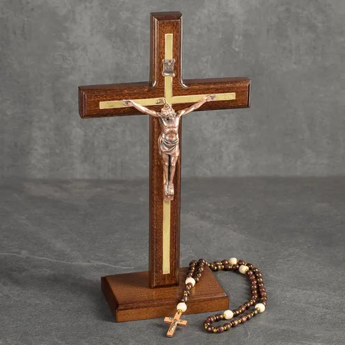 Miniatura 8 de Asterom Crucifijo de San Benito hecho a mano - Cruz de madera de mesa con soporte desmontable - Crucifijo católico de pie único