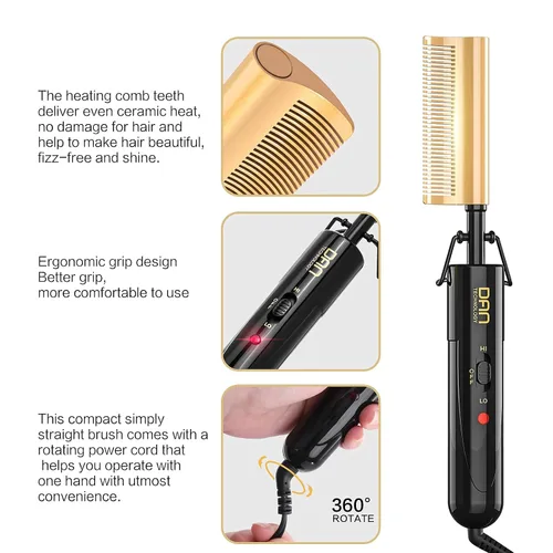 Miniatura 4 de DAN Technology Plancha Alisadora de Cerámica Curva y Peine de Presión Térmica, 450°F de Doble Voltaje para Cabello Natural Negro, Portátil