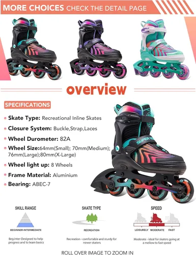 Miniatura 6 de SUPER YOUNGSTER Patines en línea para niñas, niños y niños de 4 a 12 años, patines ajustables con luces para jóvenes y adolescentes de 8 a 12 años