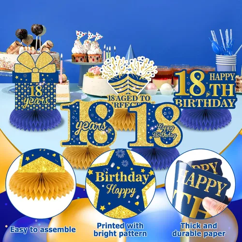 Miniatura 3 de 9 piezas de decoración de cumpleaños azul marino dorado 18 centros de mesa de panal para decoración de mesa, decoraciones de feliz cumpleaños 18