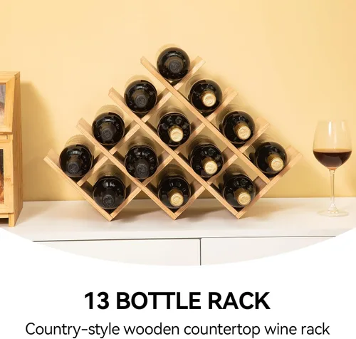 Miniatura 7 de KIRIGEN Estante de madera para vino de 13 botellas, estante de exhibición de vino de 4 niveles de madera natural, estante de almacenamiento de pie