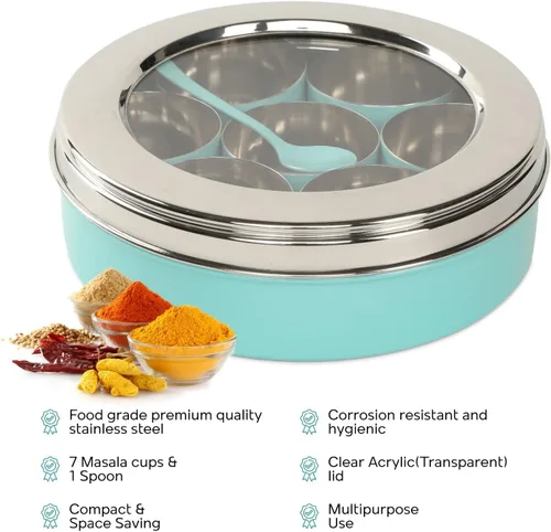 Miniatura 3 de DUDKI Homes - Caja Masala de acero inoxidable, caja de especias, Masala Dabba con organizador de cocina con tapa transparente con 7 recipientes