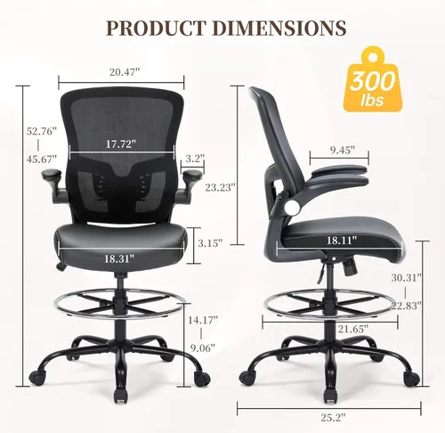 Miniatura 3 de Silla de dibujo, silla de oficina alta con asiento de piel sintética, silla de escritorio ergonómica de pie con soporte lumbar, silla de oficina