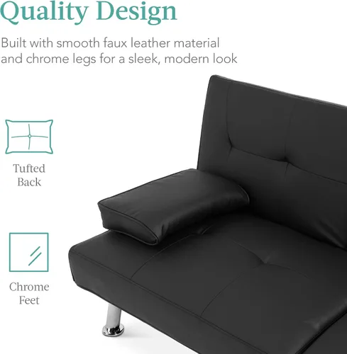 Miniatura 6 de Futón sofá cama para entretenimiento Best Choice Products, moderno, se dobla y reclina, muebles, con posavasos Negro