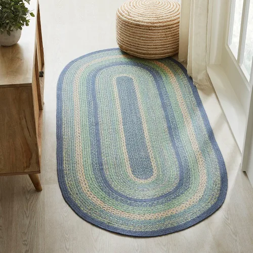 Miniatura 13 de VHC Brands Jolie Farmhouse - Alfombra decorativa de 19.5 x 36 pulgadas, textura azul de yute a rayas, medio círculo, decoración para el suelo