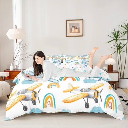 Miniatura 3 de Erosebridal Funda de edredón de avión tamaño individual, juego de ropa de cama de aviones de dibujos animados para adolescentes, color verde azulado