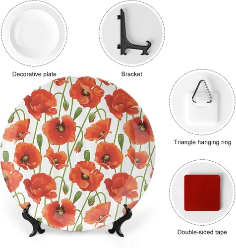 Miniatura 3 de XISUNYA Plato decorativo de 8 pulgadas, plato de cena de decoración de amapola, flores de amapola, brotes de agua, estampado de gotas de agua
