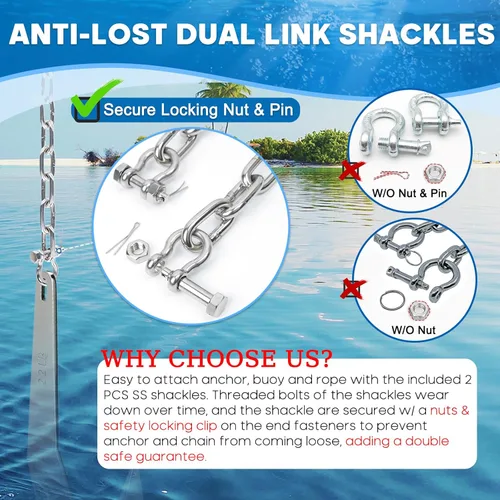Miniatura 4 de 1/4" or 5/16 Chain for Boats, 316 Stainless Steel Boat Anchor Chain Kit, Marine Grade Anchor Lead Chain w/ 2 Pcs Anti-Off Double Shackle Link Ends