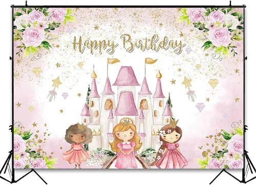 Miniatura 4 de Avezano Telón de fondo de cumpleaños de castillo de princesa, rosa, floral, decoración de fiesta de cumpleaños para niñas dulces, estrellas doradas