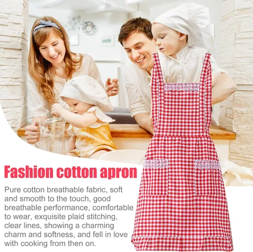 Miniatura 4 de Delantal clásico vintage para mujer, delantal de algodón a cuadros rojo y blanco, babero de chef de cocina para el hogar