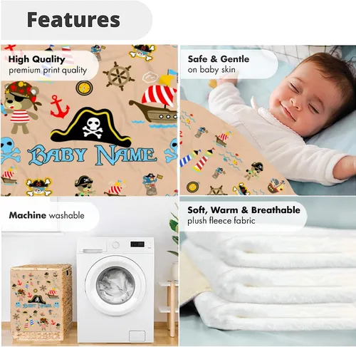 Miniatura 5 de Manta de bebé pirata personalizada, manta con nombre náutico personalizado, decoración de guardería temática de mar de aventura, suave mapa