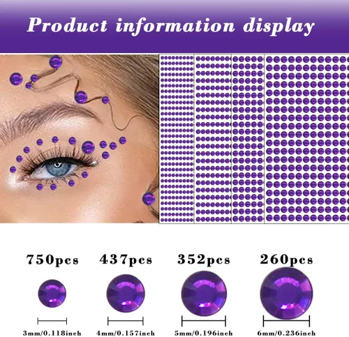 Miniatura 2 de 1799 piezas 4 hojas de pegatinas de diamantes de imitación 3/4/5/6 mm autoadhesivas para maquillaje de cara, ojos, cabello y cuerpo púrpura