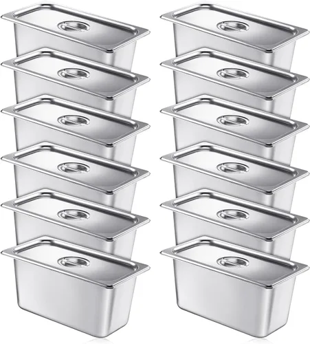 Mifoci Paquete de 12 Sartenes de Acero Inoxidable para Hotel con Tapa, Tamaño 1/3 x 6 Pulgadas de Profundidad Suministros de Restaurante