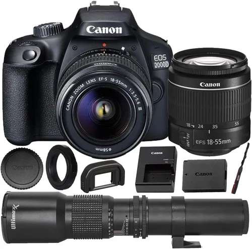 Canon Cámara DSLR EOS 2000D (Rebel T7) con lente EF-S 0.709-2.165 in f/3.5-5.6 DC III y paquete de accesorios de lujo - Incluye: lente teleobjetivo