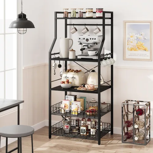 Miniatura 3 de IDEALHOUSE Estante para hornear de cocina, soporte para horno de microondas con 2 cestas grandes de alambre, estación de barra de café industrial