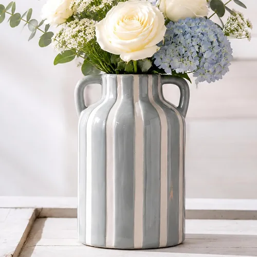 Miniatura 11 de Jarrón de cerámica amarillo y blanco con asas, jarrón floral a rayas para decoración del hogar, flores para cocina, estantería, manto, decoración