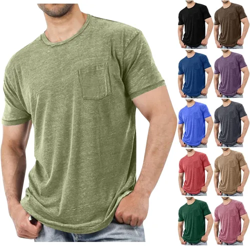 Miniatura 15 de Camisetas de manga corta para hombre con bolsillo en el pecho, color sólido, cuello redondo, suave, cómoda, para verano, camiseta atlética