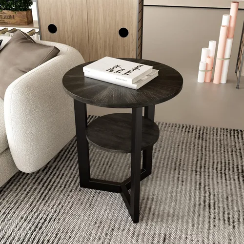 Mesa auxiliar redonda con estante de almacenamiento, mesa auxiliar circular de 19.29 pulgadas con patas de metal negro, mesa auxiliar redonda de