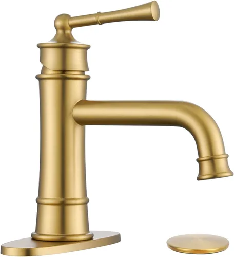Grifo de baño de un solo agujero, grifos de baño dorados de latón cepillado, 1 agujero, con drenaje desplegable y 2 mangueras de suministro para