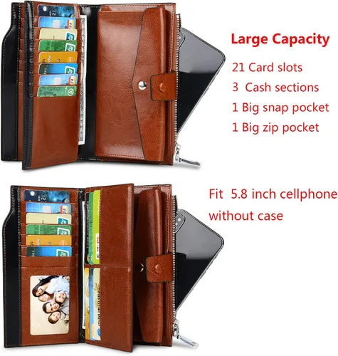 Miniatura 6 de YALUXE Cartera de piel auténtica para mujer, con bloqueo RFID, tarjetero múltiple con bolsillo para teléfono celular