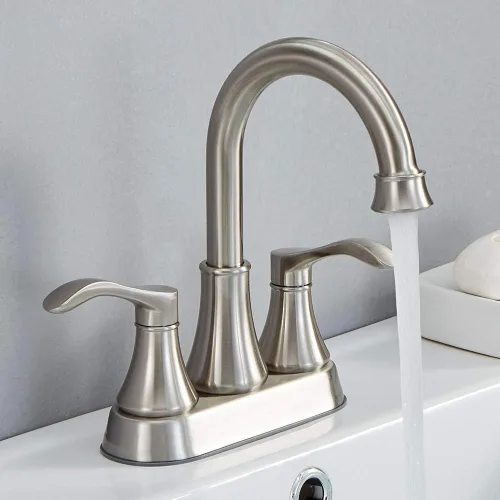 Grifo de baño comercial sin plomo de 2 asas de níquel cepillado, llave mezcladora giratoria de alto arco de 360° de 4 pulgadas, juego de llaves de
