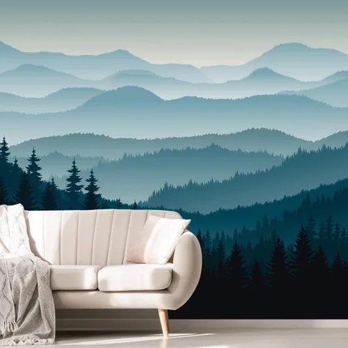 MFWFM Papel pintado de la naturaleza, mural de pared de bosque nebuloso azul de montaña para dormitorio y sala de estar (no se pela ni se pega)