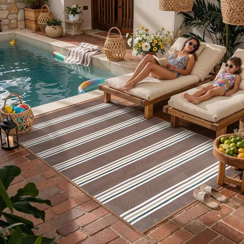 Miniatura 30 de PureCozy Alfombra de paja de plástico para exteriores, color negro, beige, grande, impermeable, para patio, 5 x 8 pulgadas, geométrica, reversible