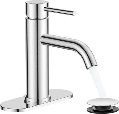 Miniatura 11 de FORIOUS - Grifos de baño negro mate de 1 agujero, grifo de lavabo de acero inoxidable con desagüe emergente de metal y manguera de suministro