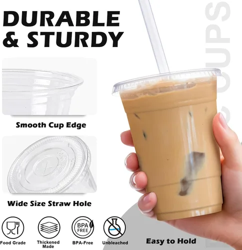 Miniatura 3 de Paquete de 100 vasos de plástico de 12 onzas con tapas y pajitas, tazas de café helado desechables transparentes para bebidas frías, batidos