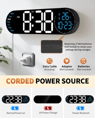 Miniatura 9 de Reloj de pared digital grande de 17.2 pulgadas con control remoto de 9 colores cambiantes, fecha, semana, temperatura, atenuación de brillo